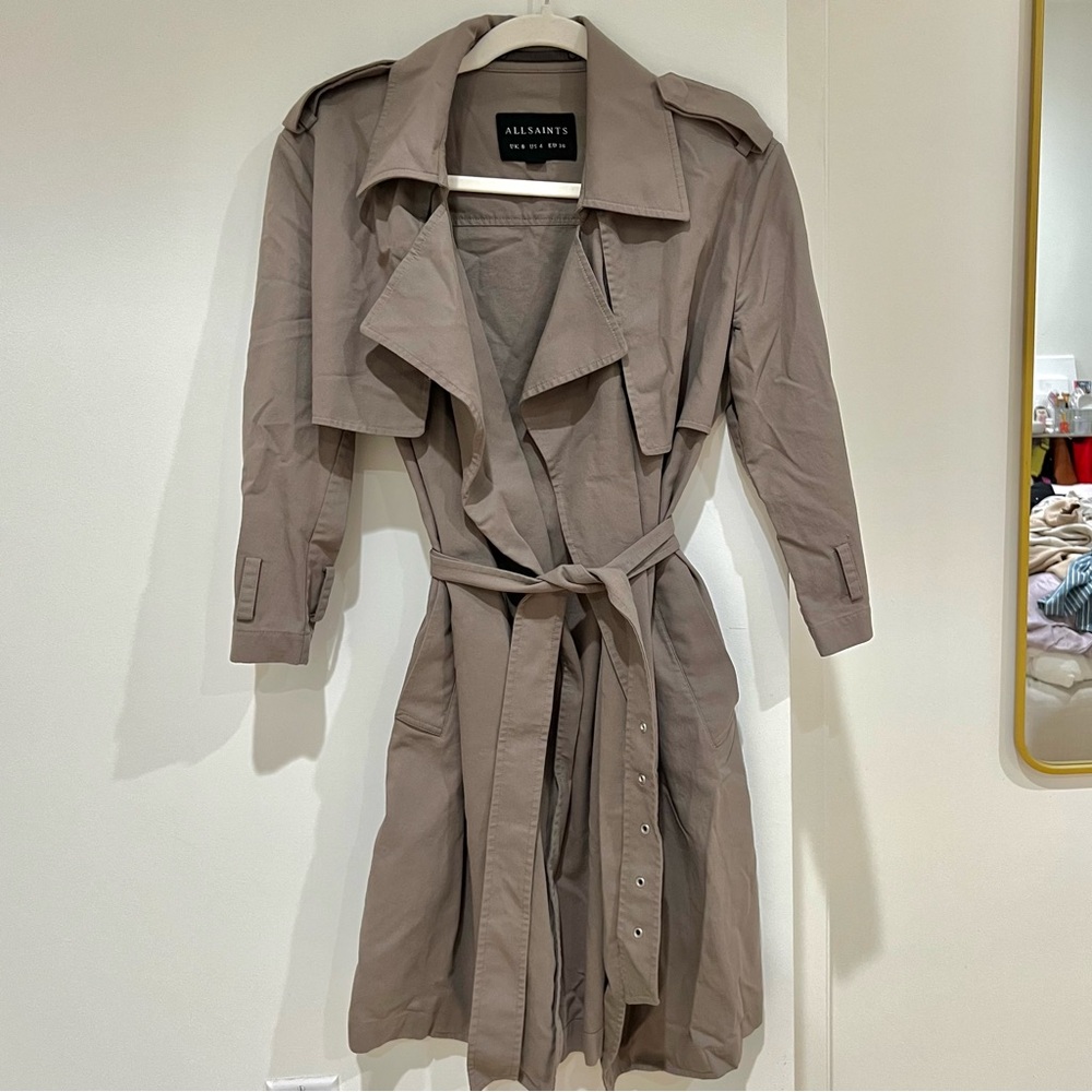 All Saints Kay Mac drapey trench coat in Taupe